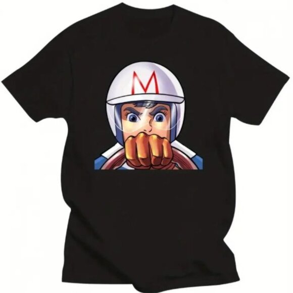 ✨NEW✨ Unisex Vintage Speed Racer Helmeted Character Print TShirt - Black - S - Picture 1 of 3